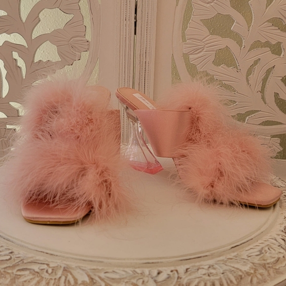 LADY HELENA" Blush Feather Crystal Satin Clear Heel Mules - Picture 3 of 7